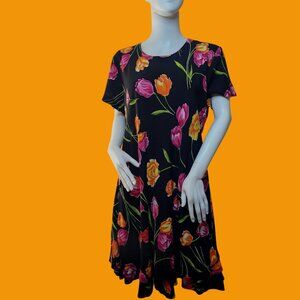 1990's Black Spring Floral Midi Dress Large Flower Print Ladies Size L